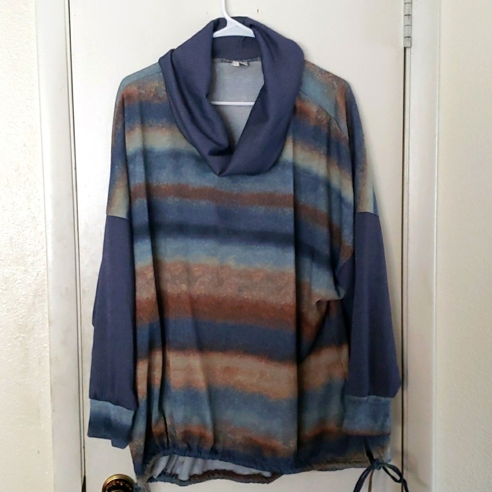 Cato Blue,Brown & Shimmer Ragland Cowlneck Tunic w/Drawstring Waist SZ 18/20